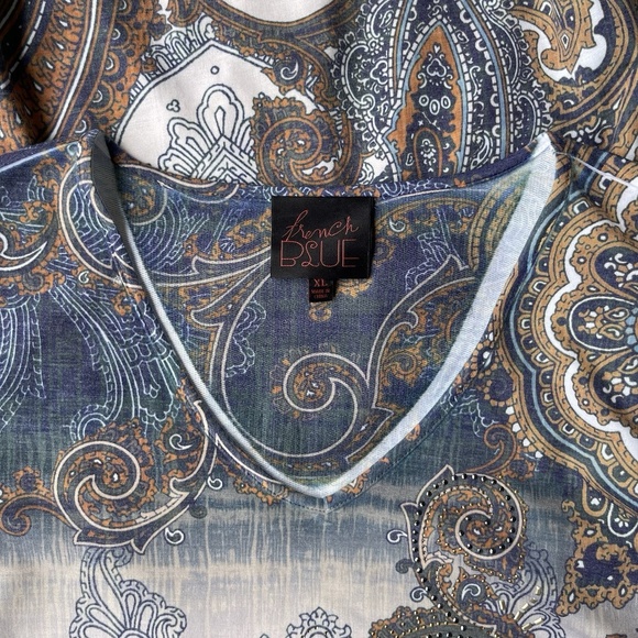 FRENCH BLUE Paisley Studded Tunic Top V-Neck Multicolor 3/4 Sleeves Blouse Sz XL - Picture 4 of 4